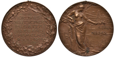 Германия медаль 1911 северовосточная регата, эротика, 35 мм, 19,0 гр  бронза    1525-244