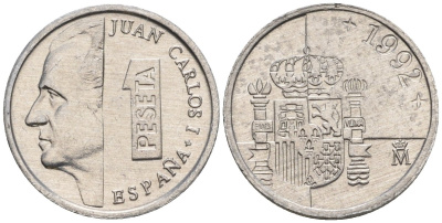 Испания 1 песета 1992 M, Хуан Карлос I (1975-2014) KM 832 алюминий 4602-1151