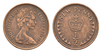 Великобритания 1/2 пенни 1971 Елизавета II (1952-2022) KM 914, Spink 4239 бронза 4696-734