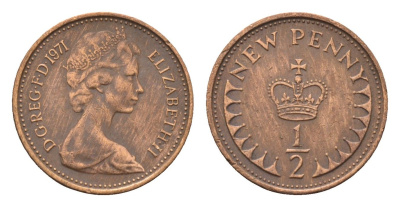 Великобритания 1/2 пенни 1971 Елизавета II (1952-2022) KM 914, Spink 4239 бронза 4696-734