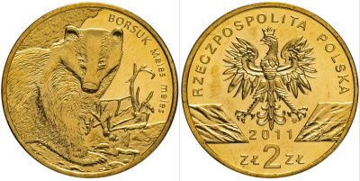 Польша 2 злотых 2011 MW, серия всемирная природа, барсук KM 762 нордик UNC 4511-352
