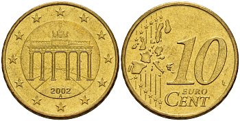 ФРГ 10 евроцентов 2002 A КМ 210 латунь  UNC  4598-151