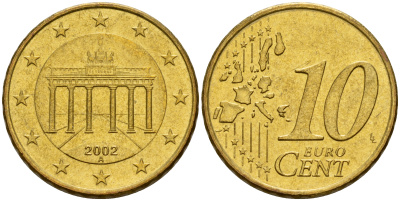 ФРГ 10 евроцентов 2002 A КМ 210 латунь  UNC  4598-151