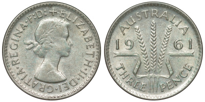 Австралия 3 пенса 1961 m, Елизавета II (1952-2022) KM 57 серебро 71-756