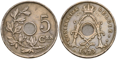 Бельгия 5 сантимов 1923 Король Альберт I (1910 - 1934) KM 67 медно-никель 39-1143