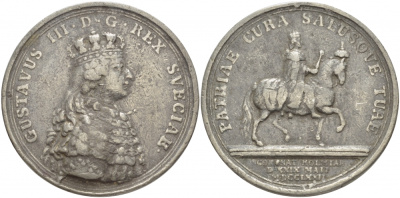 ШВЕЦИЯ МЕДАЛЬ ND ГУСТАВ III (1746-1792) КОРОЛЬ ШВЕЦИИ (1771-1792), СКОНЧАЛСЯ 29 МАРТА 1792, PATRIAE CURA SALUSOVE TUAE, ДИАМЕТР 56 ММ. белый металл 06-242-32