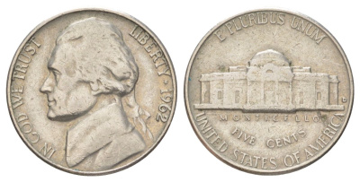 США 5 центов 1962 D, Джефферсон KM A192 медно-никель 4625-512
