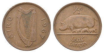 Ирландия 1/2 пенни 1967 свинья с поросятами KM 10 бронза 4695-552