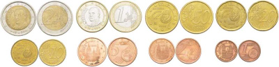 Испания евронабор из 8 монет 1999 1, 2, 5, 10, 20, 50 евроцентов, 1 и 2 евро KM 1040, 1041, 1042, 1043, 1044, 1045, 1046, 1047 биметалл 4691-1211-1217