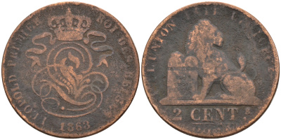 Бельгия 2 сантима 1863 Belges KM 4.2 медь 4595-157