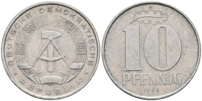 ГДР 10 пфеннигов 1968 А KM 10 алюминий 4571-654