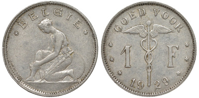 Бельгия 1 франк 1929 Belgie KM 90 никель 51-1747