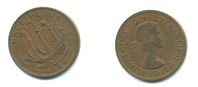 Великобритания 1/2 пенни 1958 Елизавета II (1952-2022) KM 896, Spink 4158 бронза 59-1112
