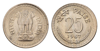 Индия 25 пайс 1987 KM 49.1 медно-никель UNC 4690-218