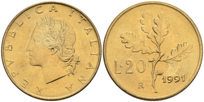Италия 20 лир 1991 R, дубовый лист KM 97.2 алюминиевая бронза  UNC  4594-832