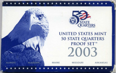 США официальный набор из 5 монет 2003 S, набор из 5 квотеров, штаты США, пластик, в оригинальной коробке с сертификатом PROOF 3-6-2-8