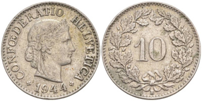 ШВЕЙЦАРИЯ 10 РАППЕНОВ 1944 В KM 27 медно-никель 201-435