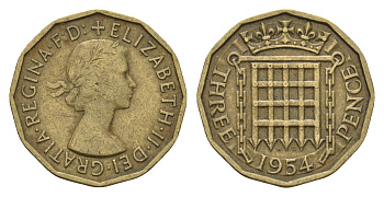 Великобритания 3 пенса 1954 Елизавета II (1952-2022) KM 900, Spink 4153 никель латунь 77-631