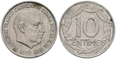 Испания 10 сентимо 1959 Франсиско Франко (1939-1975) KM 790 алюминий 4602-1225
