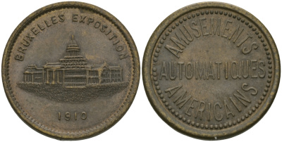 БЕЛЬГИЯ ЖЕТОН ИГРОВОЙ ND AMUSEMENTS AMERICAINS AUTOMATIQUES, БРЮСЕЛЬСКАЯ ВЫСТАВКА 1910 ГОДА латунь 98-836