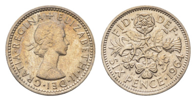 Великобритания 6 пенсов 1964 Елизавета II (1952-2022) KM 903, Spink 4149 медно-никель 4696-831