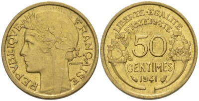 ФРАНЦИЯ 50 САНТИМОВ 1941 ТИП MORLON KM 894.1, LE FRANC 192.18 алюминиевая бронза 44-617