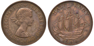 Великобритания 1/2 пенни 1966 Елизавета II (1952-2022) KM 896, Spink 4158 бронза 4122-835