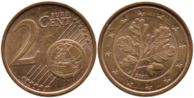 ГЕРМАНИЯ 2 ЕВРОЦЕНТА 2002 J KM 208 сталь плакированная медью 4387-1234