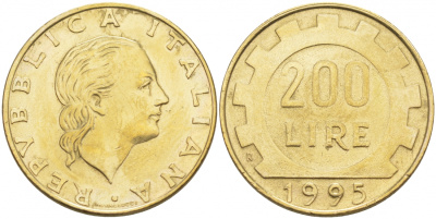 Италия 200 лир 1995 R, шестерня KM 105 алюминиевая бронза 186-224