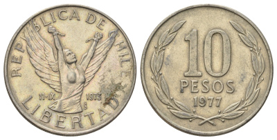 Чили 10 песо 1977 KM 210 медно-никель 4688-345