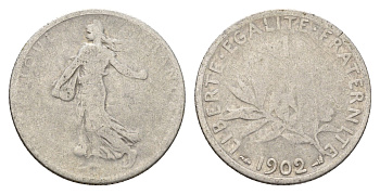 Франция 1 франк 1902 KM 844 серебро 51-1946