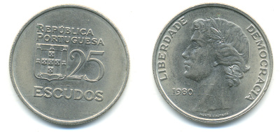 Португалия 25 эскудо 1980 первый год KM 607 a медно-никель 4379-1034