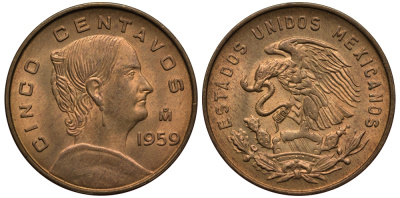 Мексика 5 сентаво 1959 Жозефа Ортис де Домингес KM 426 латунь XF-UNC 3334-537