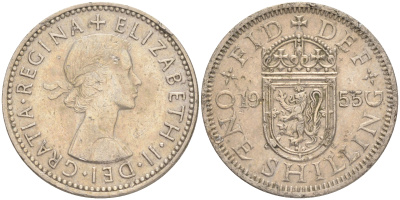 Великобритания 1 шиллинг 1955 Елизавета II (1952-2022), Шотландский герб KM 905, Spink 4148 медно-никель 4556-624