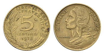 Франция 5 сантимов 1972 KM 933 алюминиевая бронза 4702-1233