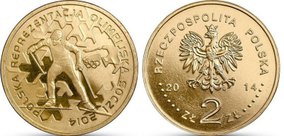 Польша 2 злотых 2014 MW, XXII зимние Олимпийские игры 2014 года в Сочи, лыжник KM 893 нордик UNC 4514-736