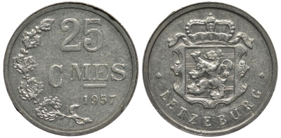 Люксембург 25 сантимов 1957 Шарлотта (1918-1964) KM 45a.1 алюминий 4538-843