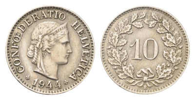 Швейцария 10 раппенов 1944 B KM 27 медно-никель 4708-158