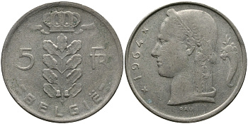 Бельгия 5 франков 1964 Belgie, Бодуэн I (1951-1993) KM 135.1 медно-никель 98-543