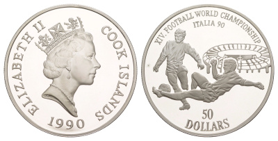 Острова Кука 50 долларов 1990 Чемпионат мира по футболу 1990, Италия KM 265 серебро PROOF 1083-2-52