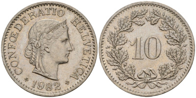 Швейцария 10 раппенов 1982 KM 27 медно-никель 4189-427