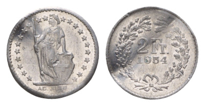 Швейцария игровой жетон в 2 франка 1954 диаметр 16 мм, вес 0,36 гр алюминий 4651-1168