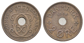 Дания 2 эре 1935 N, Кристиан X (1912-1947) KM 827 бронза 4701-823