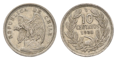 Чили 10 сентаво 1938 KM 166 медно-никель 4689-129