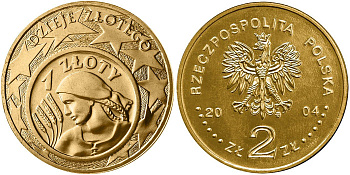 Польша 2 злотых 2004 MW, история злотого, монета на монете KM 479 нордик UNC 4448-152