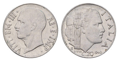 Италия 20 чентезимо 1940 R, Виктор Эммануил III (1900-1946) KM 75b нержавеющая сталь 4627-1112