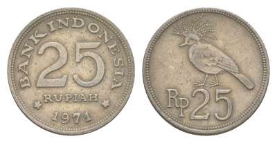 Индонезия 25 рупий 1971 венценосный голубь KM 34 медно-никель 4644-1237