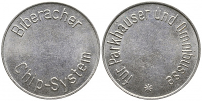 ГЕРМАНИЯ ПАРКОВОЧНЫЙ ЖЕТОН ND BIBERACHER, CHIP-SYSTEM, FUR PARKHAUSER UND OMNIBUSSE медно-никель UNC 4386-511