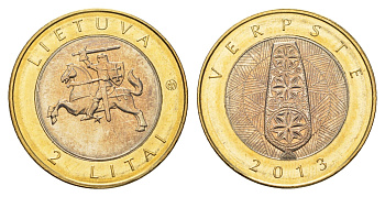Литва 2 лита 2013 Создано человеком и природой - Прялка KM 187 биметалл UNC 4698-1256