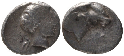 Древняя Греция, Кария, Галикарнас гемиобол 400 - 340 гг. до н.э. голова Аполлона / голова барана, 0,42 гр SNG Helsinki 873; SNG Kayhan 996 серебро 1073-9-55